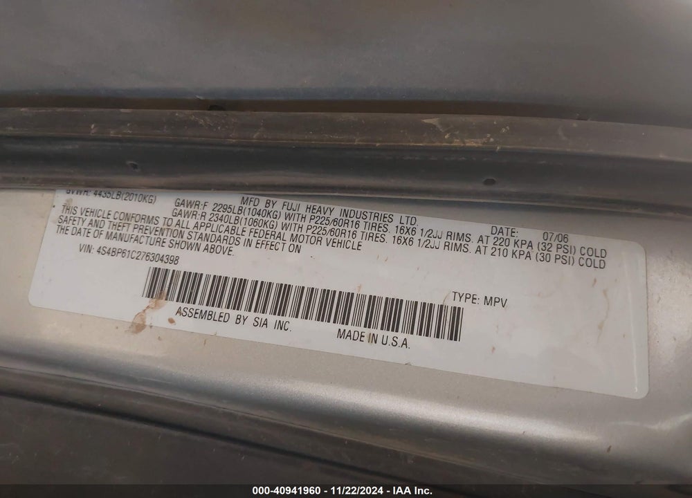 2007 SUBARU OUTBACK 2.5I BASIC VIN: 4S4BP61C276304398