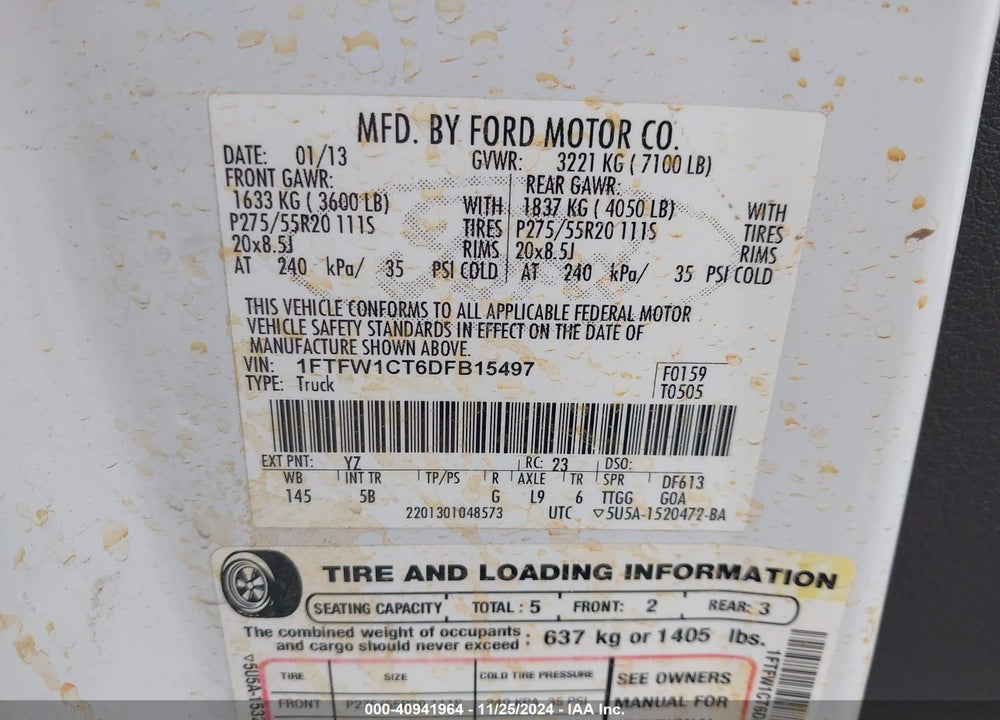 2013 FORD F150 VIN: 1FTFW1CT6DFB15497