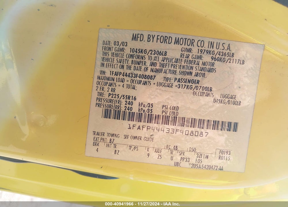 2003 FORD MUSTANG VIN: 1FAFP44433F408087