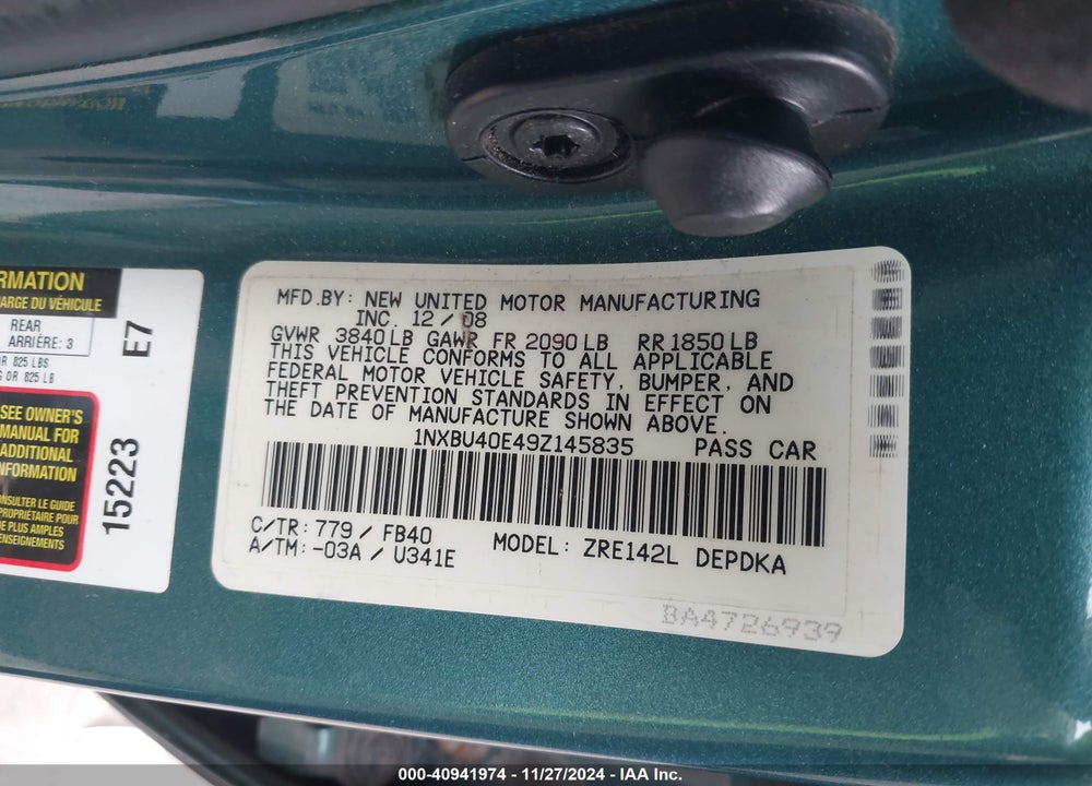 2009 TOYOTA COROLLA LE VIN: 1NXBU40E49Z145835