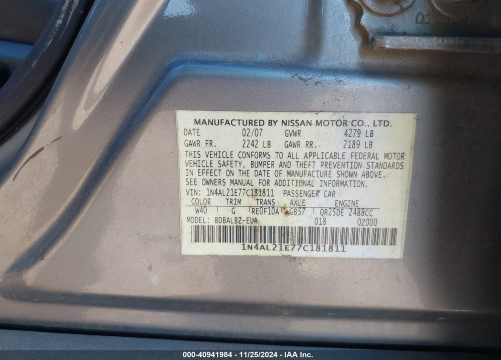 2007 NISSAN ALTIMA 2.5 S VIN: 1N4AL21E77C181811