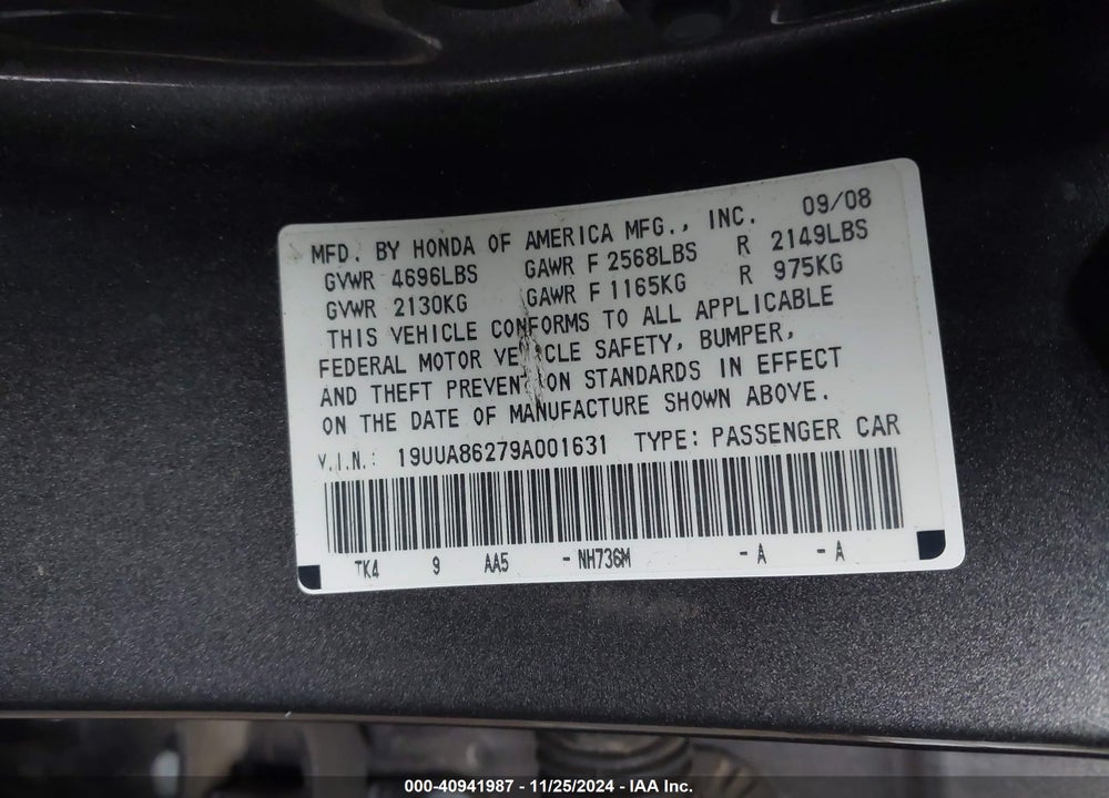 2009 ACURA TL VIN: 19UUA86279A001631