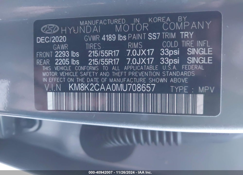 2021 HYUNDAI KONA SEL VIN: KM8K2CAA0MU708657