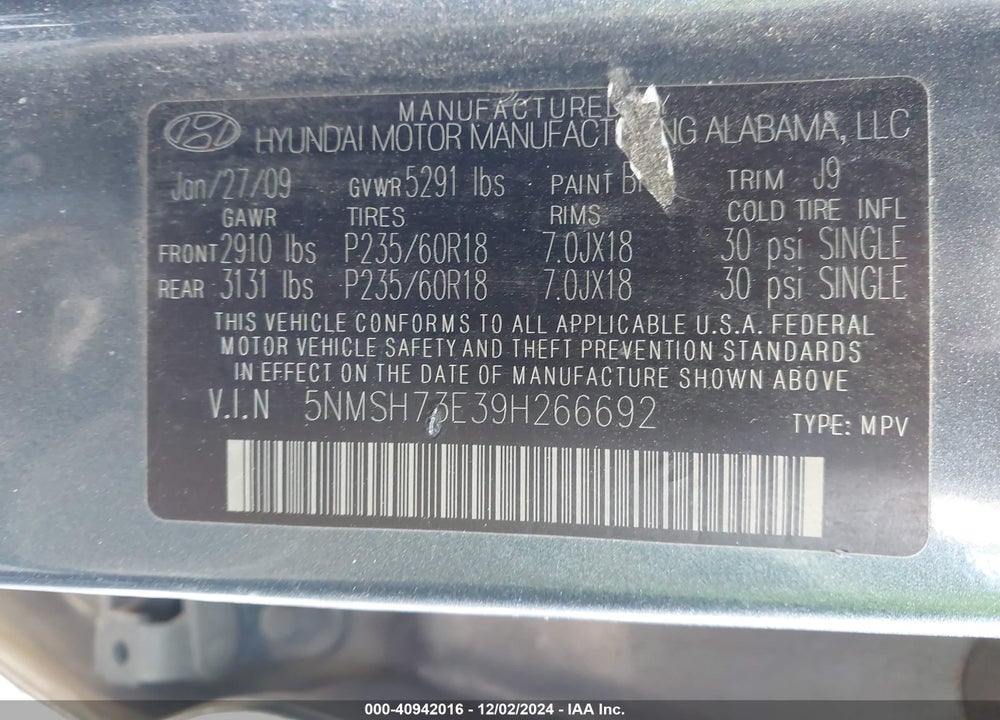 2009 HYUNDAI SANTA FE LIMITED VIN: 5NMSH73E39H266692