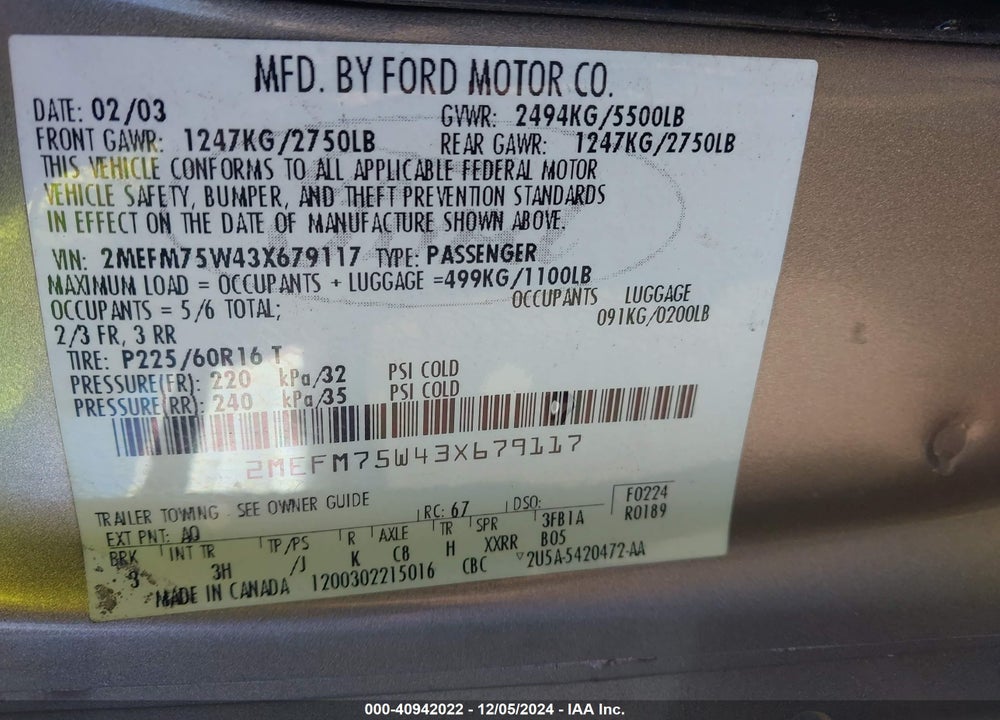 2003 MERCURY GRAND MARQUIS LS VIN: 2MEFM75W43X679117