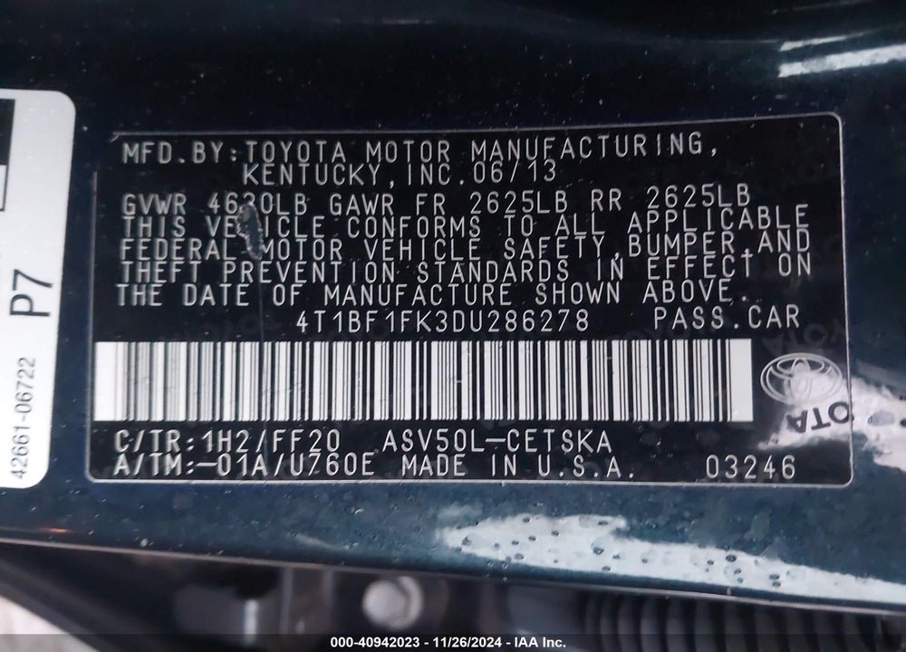 2013 TOYOTA CAMRY SE VIN: 4T1BF1FK3DU286278
