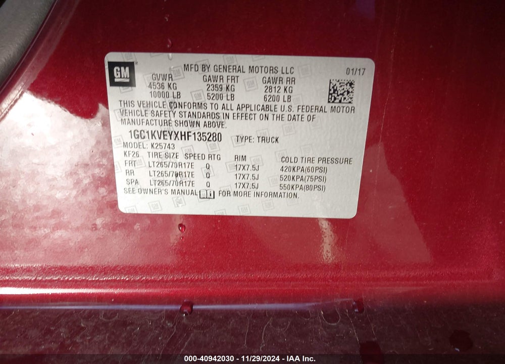2017 CHEVROLET SILVERADO 2500HD LT VIN: 1GC1KVEYXHF135280