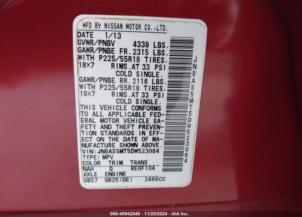 2013 NISSAN ROGUE SV W/SL PKG VIN: JN8AS5MT5DW523084