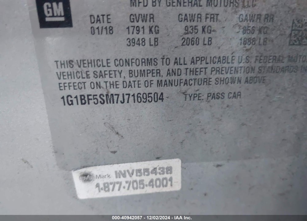 2018 CHEVROLET CRUZE PREMIER AUTO VIN: 1G1BF5SM7J7169504