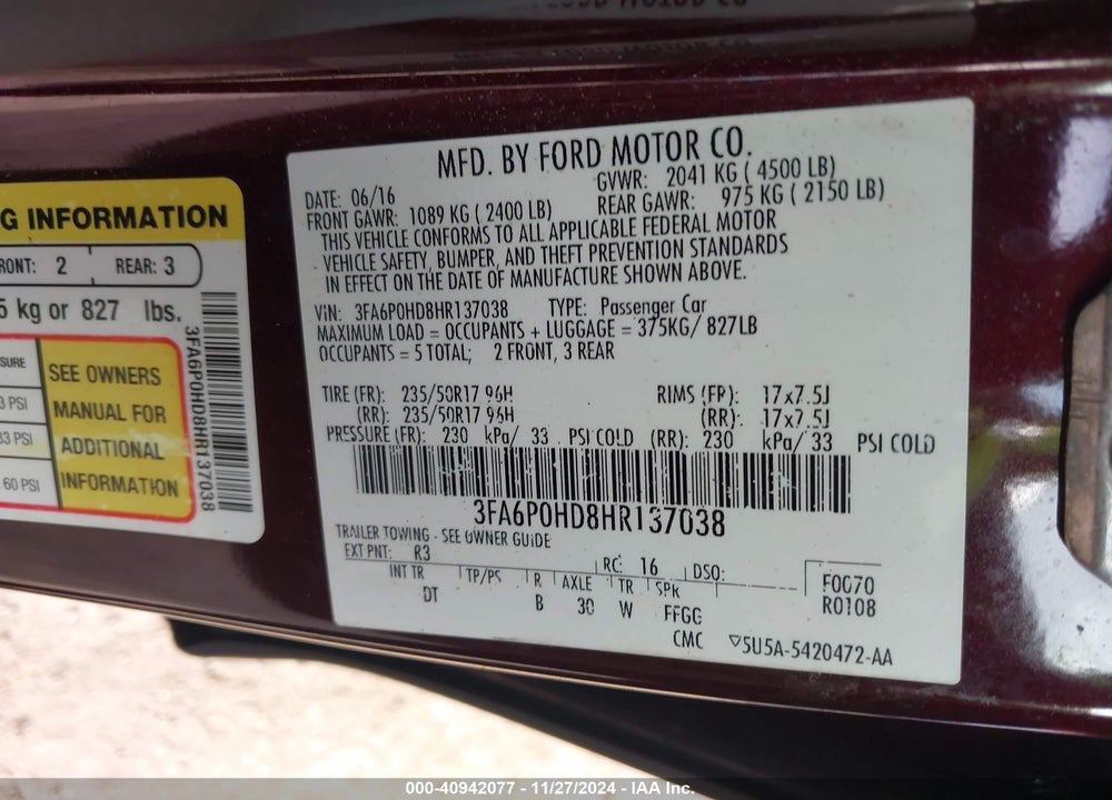 2017 FORD FUSION VIN: 3FA6P0HD8HR137038