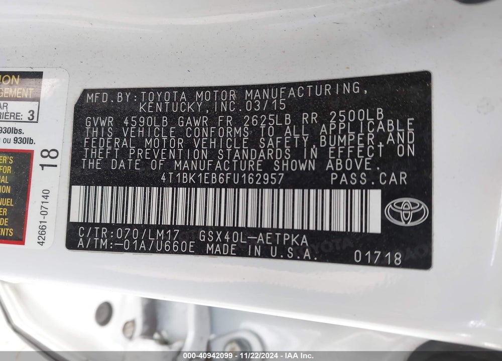 2015 TOYOTA AVALON LIMITED VIN: 4T1BK1EB6FU162957