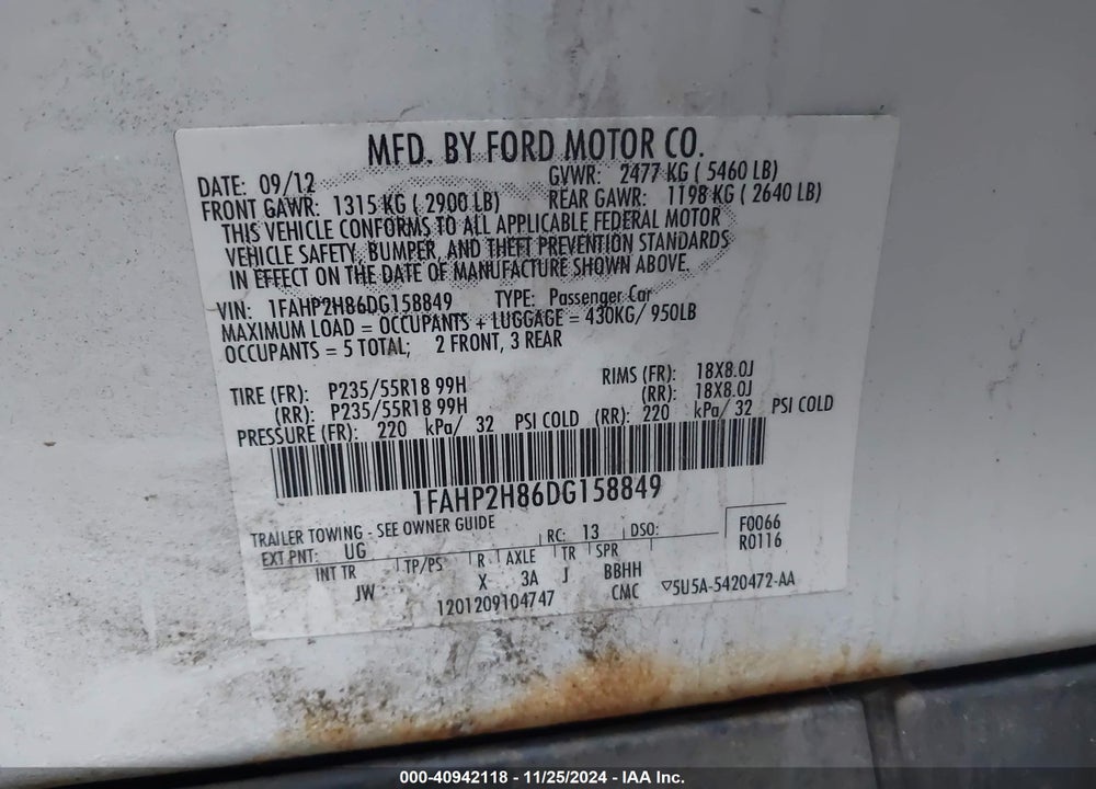 2013 FORD TAURUS SEL VIN: 1FAHP2H86DG158849