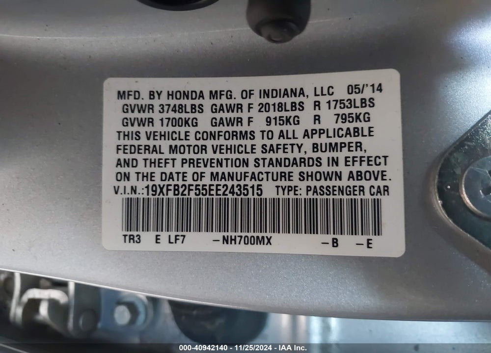 2014 HONDA CIVIC VIN: 19XFB2F55EE243515