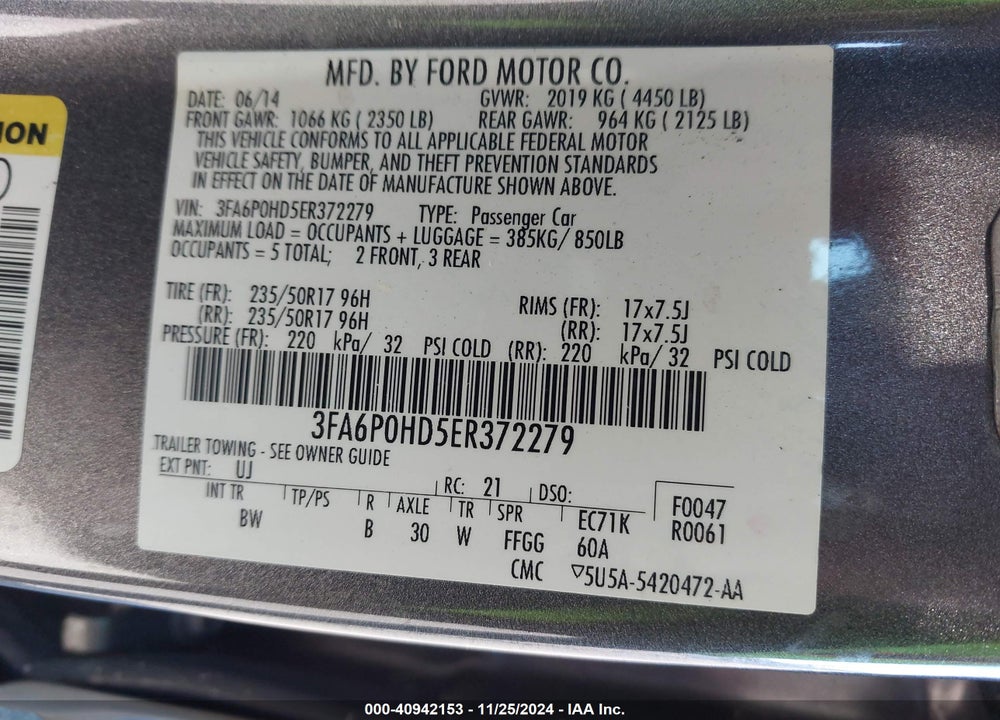 2014 FORD FUSION SE VIN: 3FA6P0HD5ER372279
