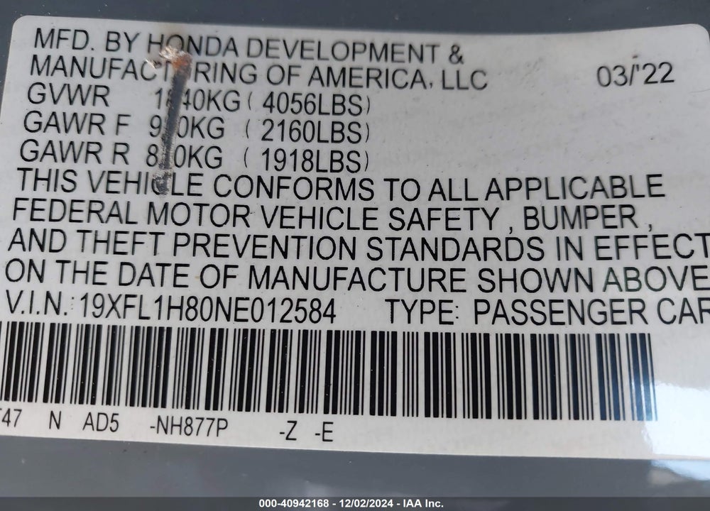 2022 HONDA CIVIC SPORT TOURING VIN: 19XFL1H80NE012584