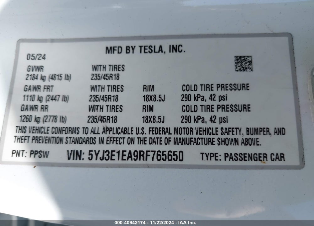 2024 TESLA MODEL 3 REAR-WHEEL DRIVE VIN: 5YJ3E1EA9RF765650