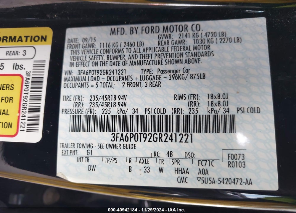 2016 FORD FUSION SE VIN: 3FA6P0T92GR241221
