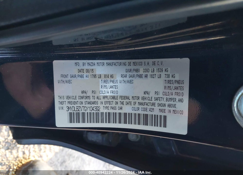 2016 SCION IA VIN: 3MYDLBZV7GY104392