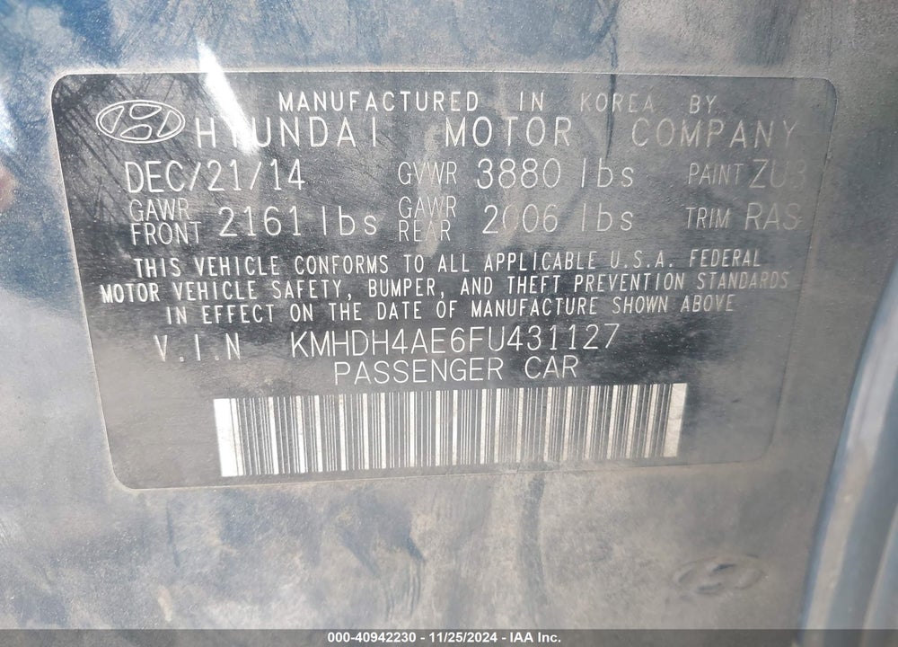 2015 HYUNDAI ELANTRA SE VIN: KMHDH4AE6FU431127