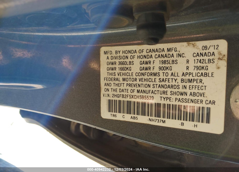 2012 HONDA CIVIC LX VIN: 2HGFB2F5XCH595539