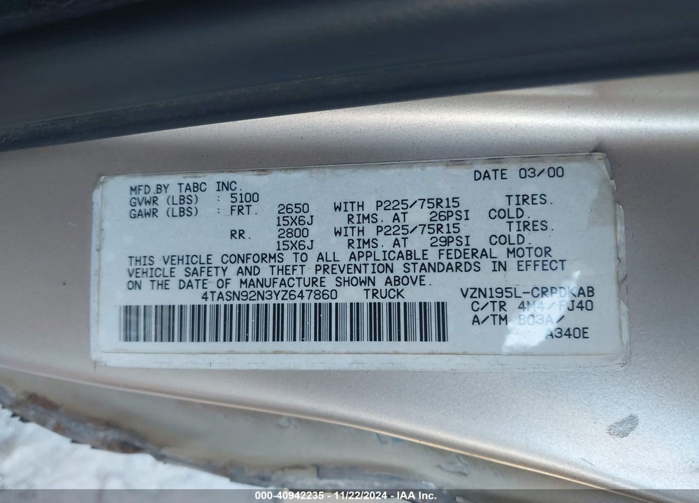 2000 TOYOTA TACOMA PRERUNNER V6 VIN: 4TASN92N3YZ647860