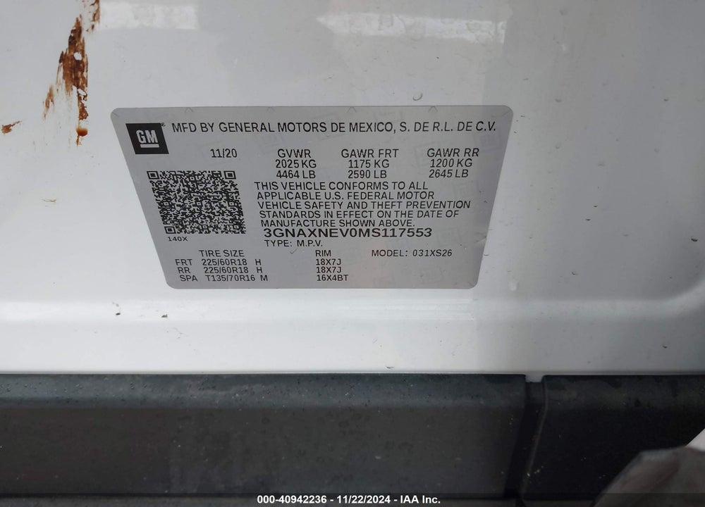 2021 CHEVROLET EQUINOX FWD PREMIER VIN: 3GNAXNEV0MS117553