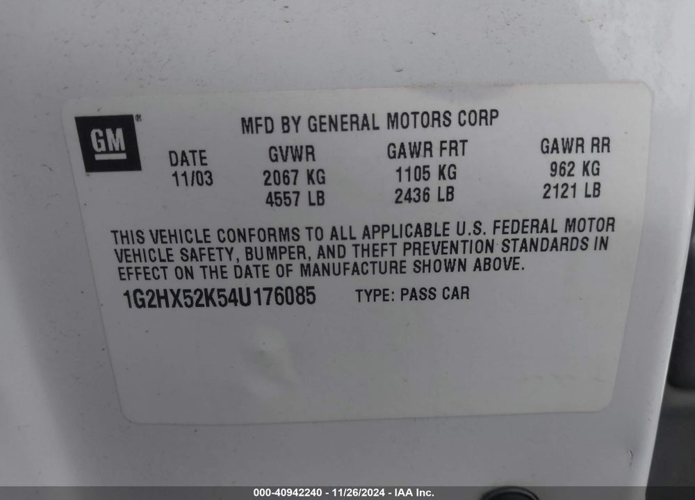 2004 PONTIAC BONNEVILLE SE VIN: 1G2HX52K54U176085