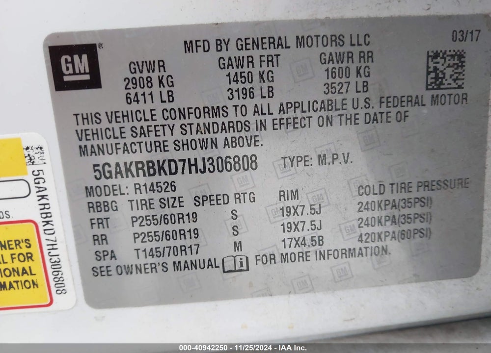 2017 BUICK ENCLAVE LEATHER VIN: 5GAKRBKD7HJ306808