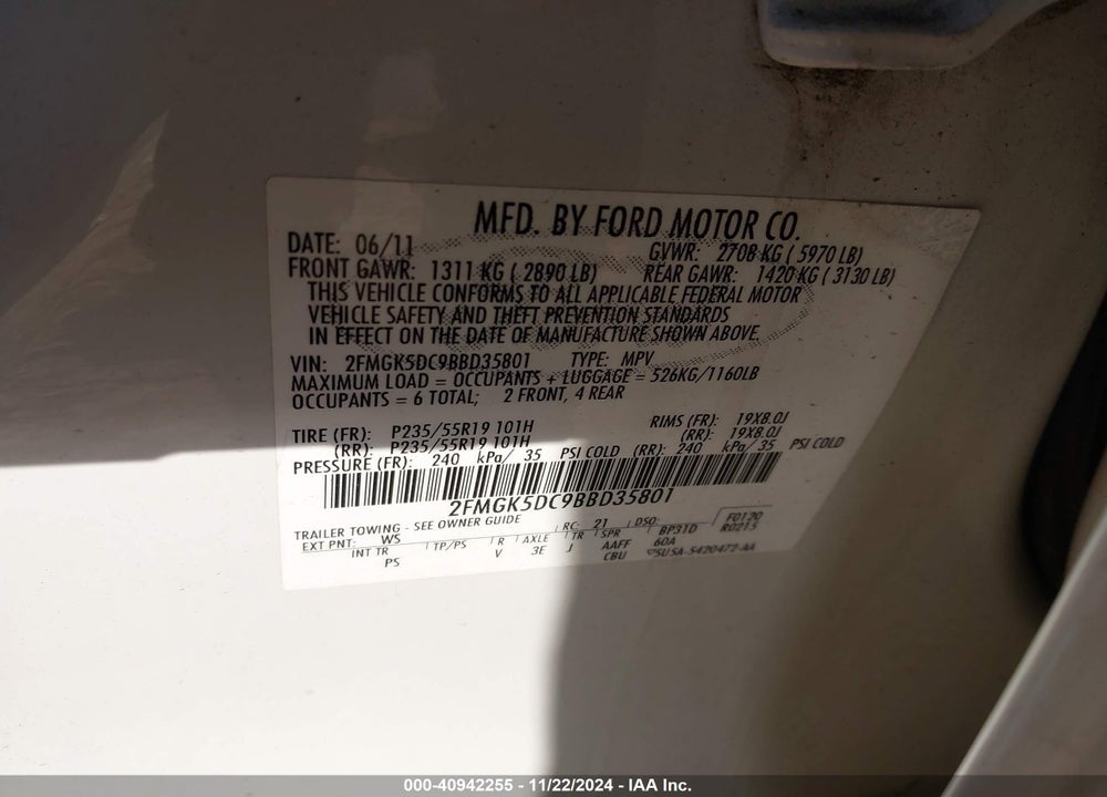 2011 FORD FLEX LIMITED VIN: 2FMGK5DC9BBD35801