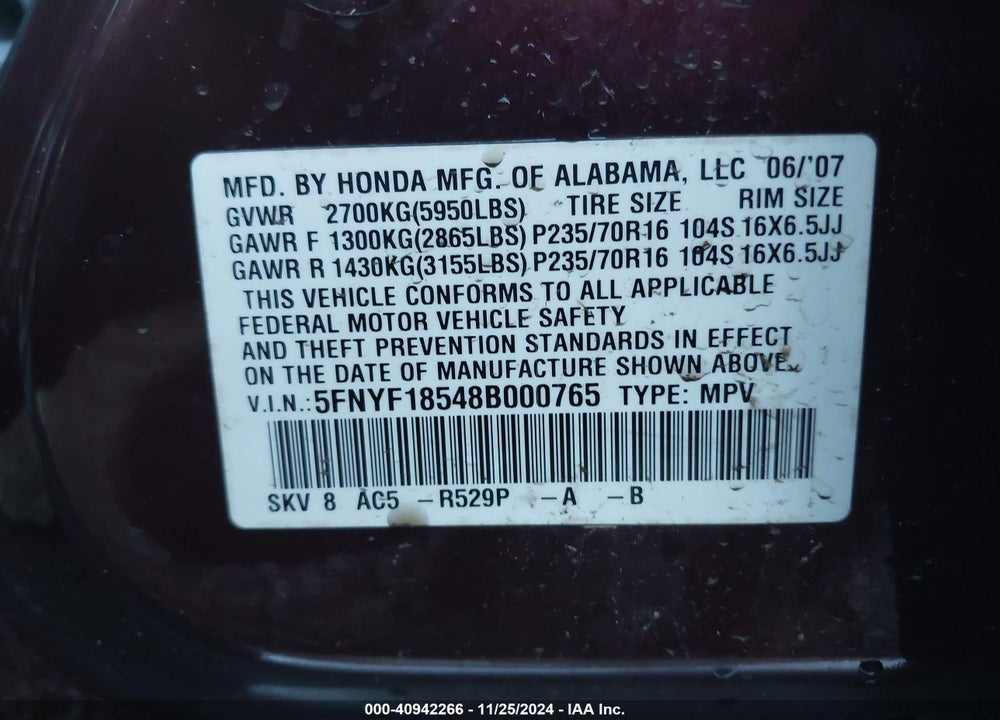 2008 HONDA PILOT EX-L VIN: 5FNYF18548B000765