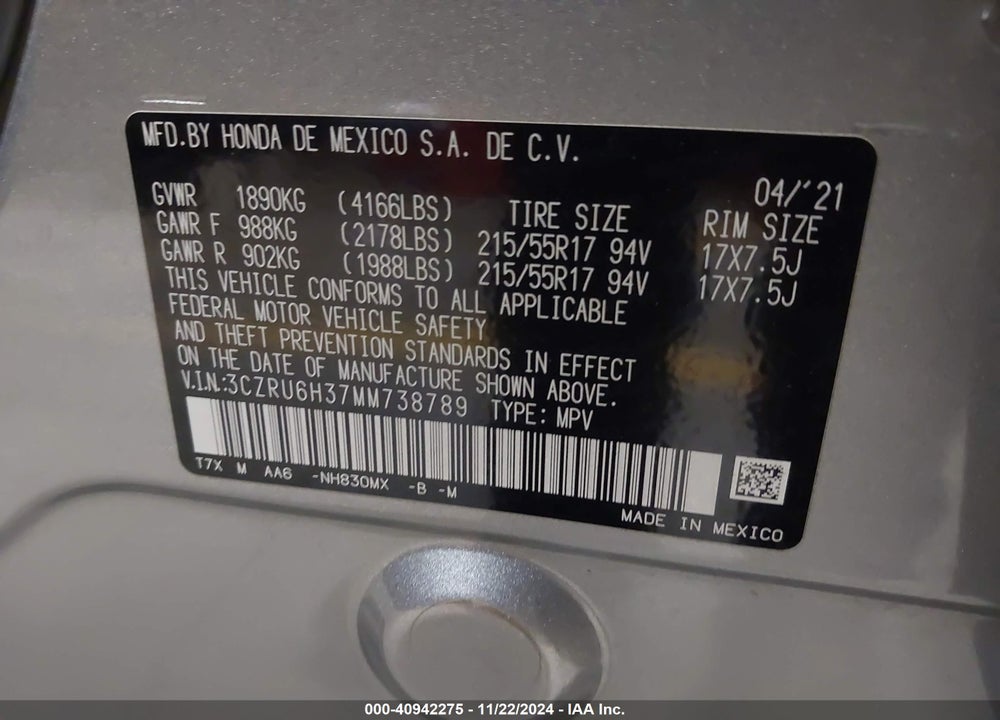 2021 HONDA HR-V AWD LX VIN: 3CZRU6H37MM738789