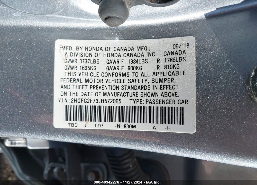 2018 HONDA CIVIC EX VIN: 2HGFC2F73JH572065