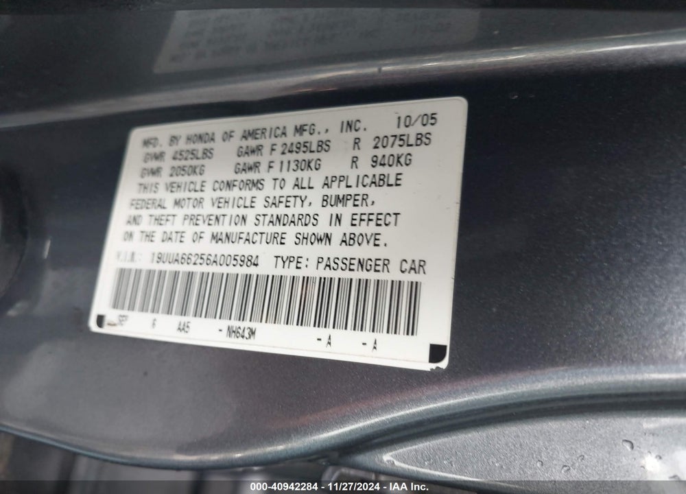 2006 ACURA TL VIN: 19UUA66256A005984