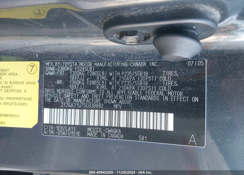 2005 LEXUS RX 330 VIN: 2T2GA31U75C038882