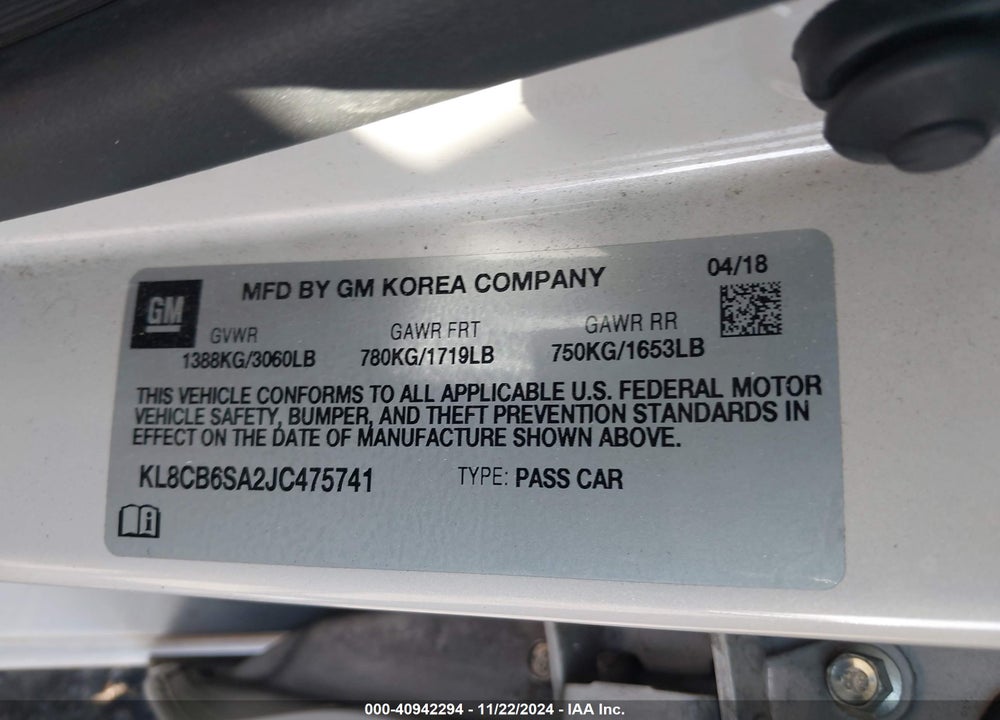 2018 CHEVROLET SPARK LS CVT VIN: KL8CB6SA2JC475741