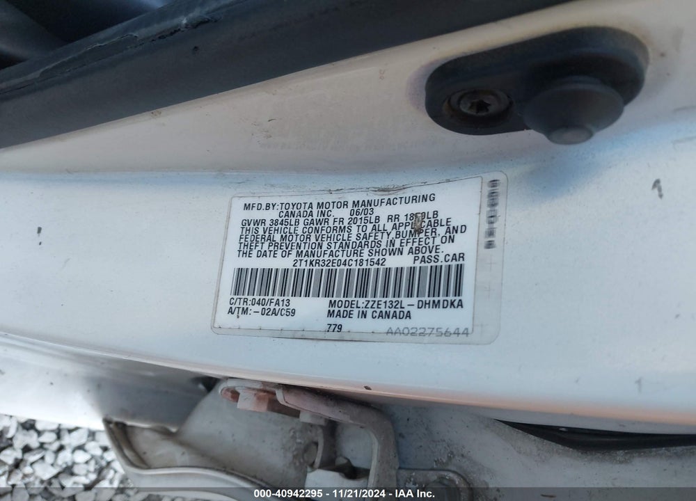 2004 TOYOTA MATRIX STANDARD VIN: 2T1KR32E04C181542