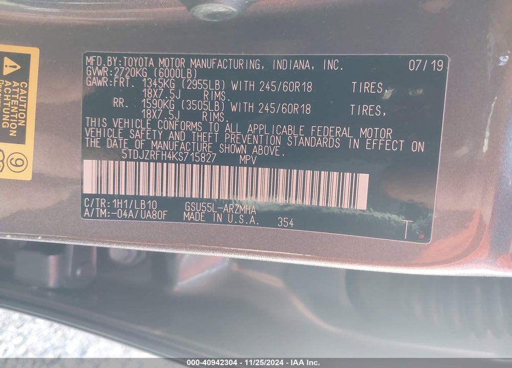 2019 TOYOTA HIGHLANDER XLE VIN: 5TDJZRFH4KS715827