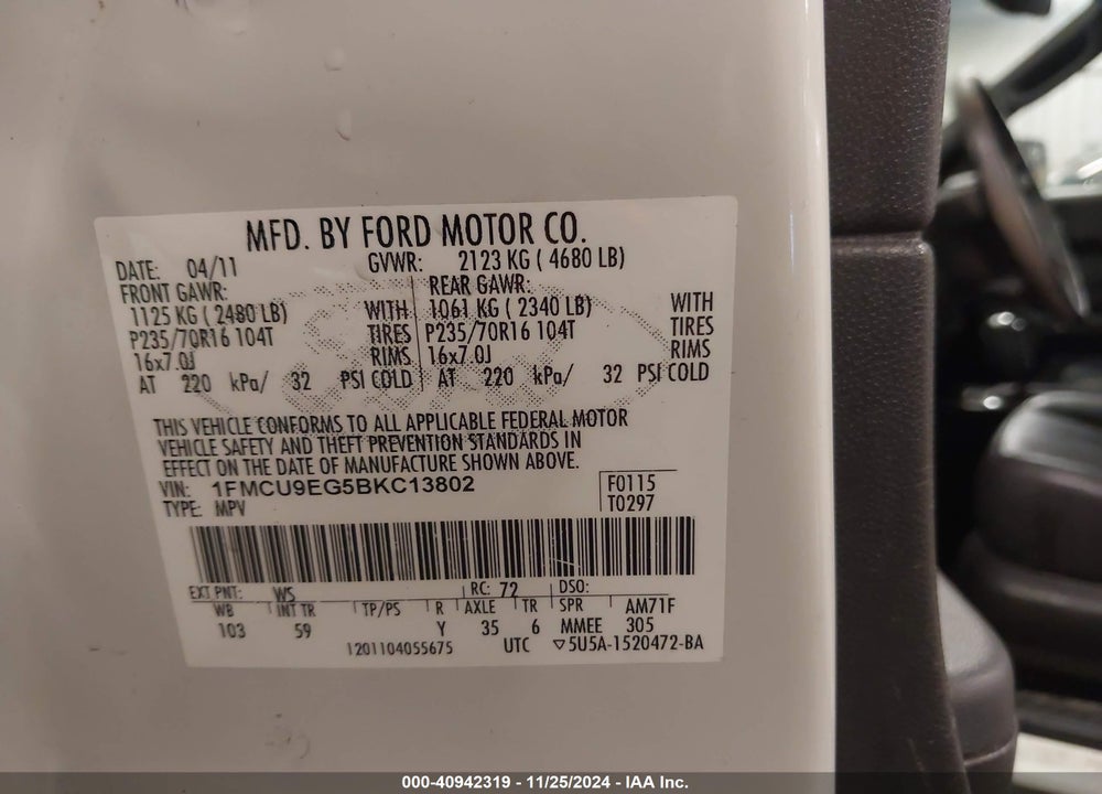 2011 FORD ESCAPE LIMITED VIN: 1FMCU9EG5BKC13802