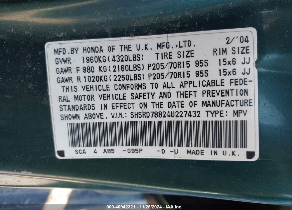2004 HONDA CR-V EX VIN: SHSRD78824U227432