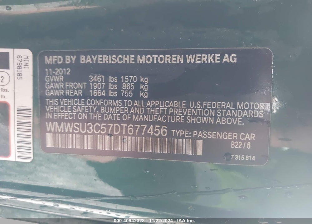 2013 MINI HARDTOP COOPER VIN: WMWSU3C57DT677456