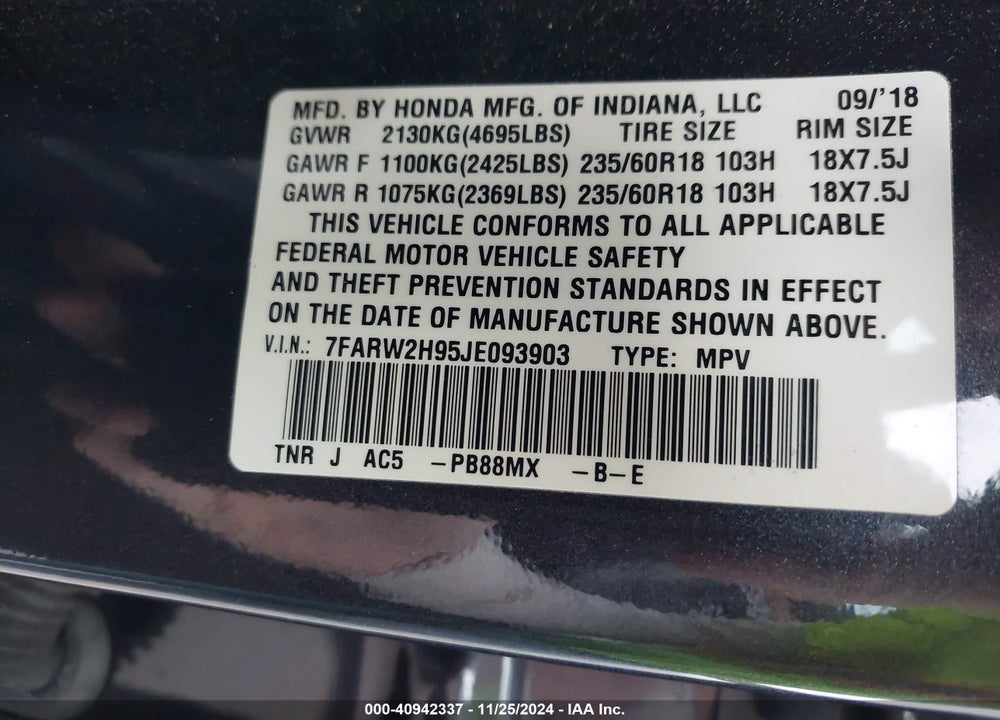 2018 HONDA CR-V TOURING VIN: 7FARW2H95JE093903