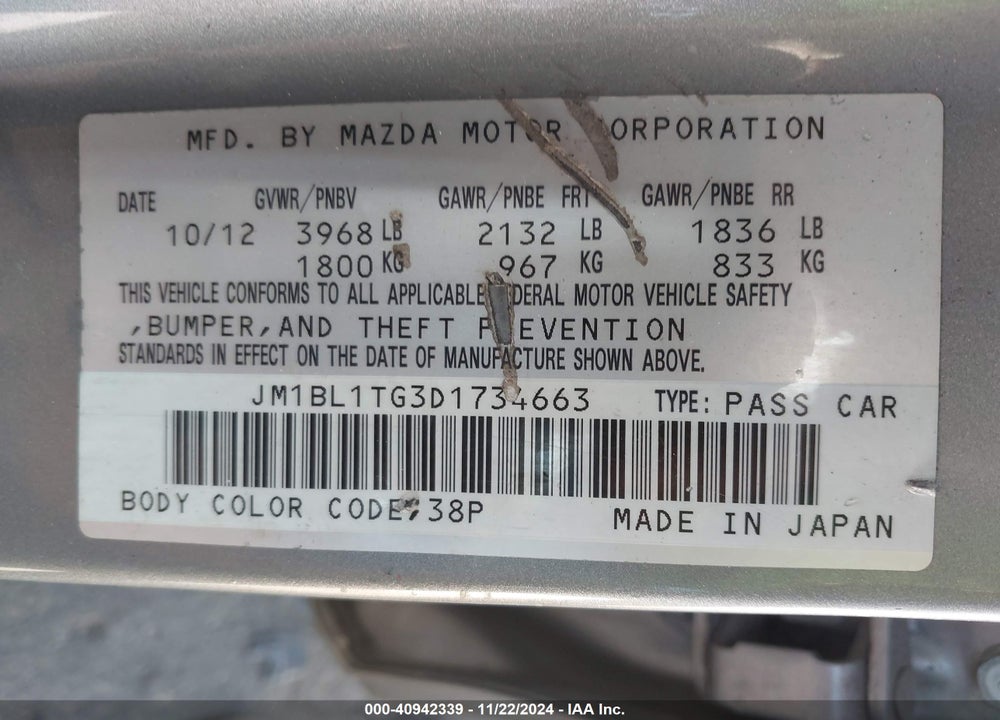 2013 MAZDA 3 I SV VIN: JM1BL1TG3D1734663