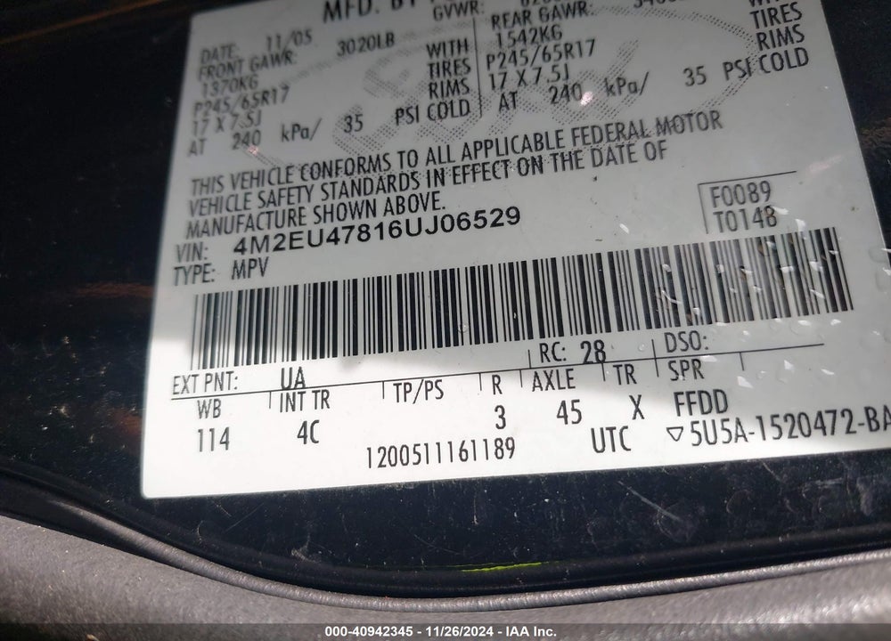 2006 MERCURY MOUNTAINEER LUXURY VIN: 4M2EU47816UJ06529