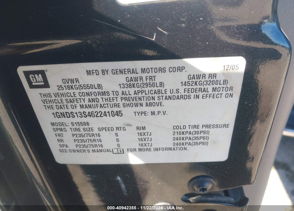 2006 CHEVROLET TRAILBLAZER LS VIN: 1GNDS13S462241045