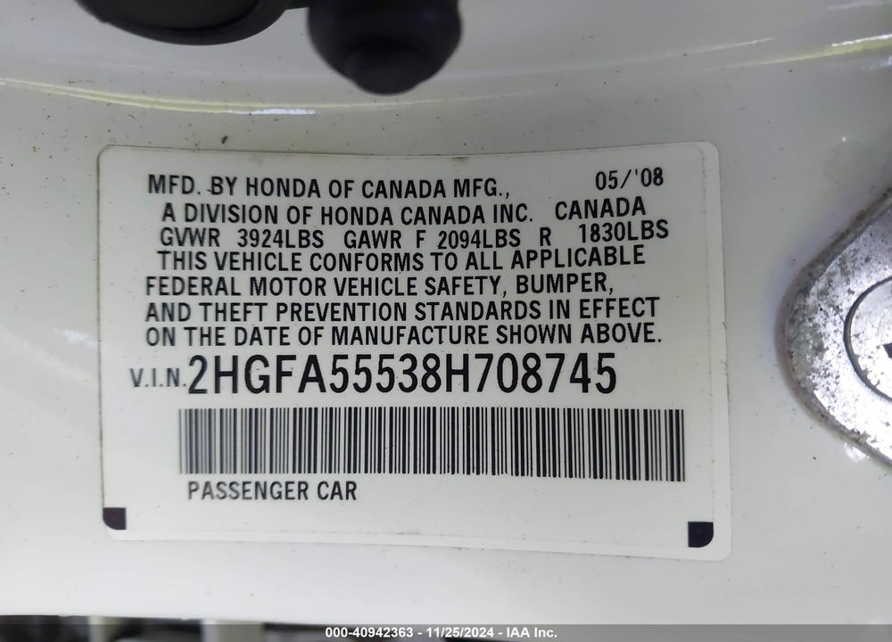 2008 HONDA CIVIC SI/SI MUGEN VIN: 2HGFA55538H708745