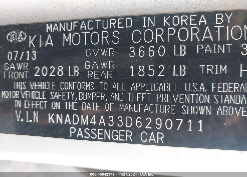 2013 KIA RIO LX VIN: KNADM4A33D6290711