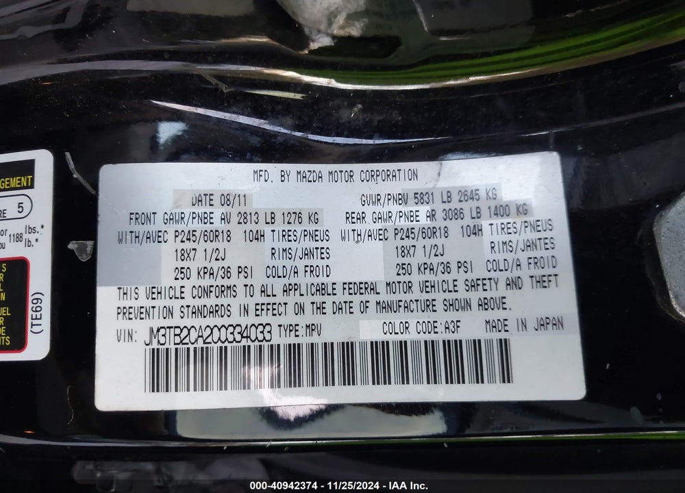 2012 MAZDA CX-9 TOURING VIN: JM3TB2CA2C0334033