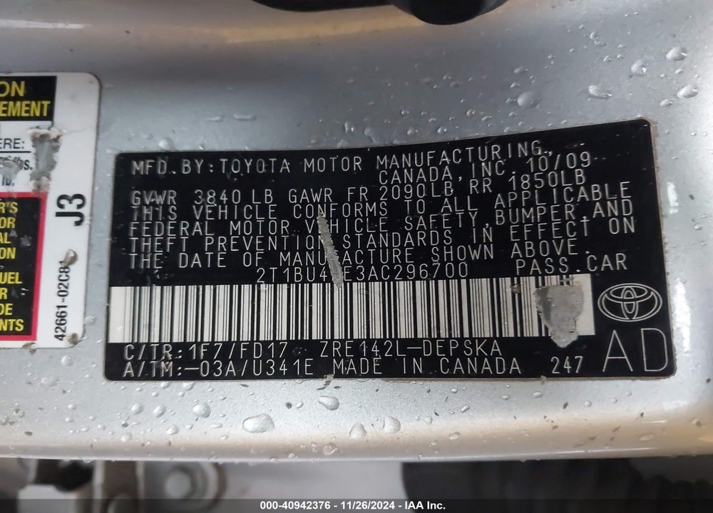 2010 TOYOTA COROLLA S VIN: 2T1BU4EE3AC296700