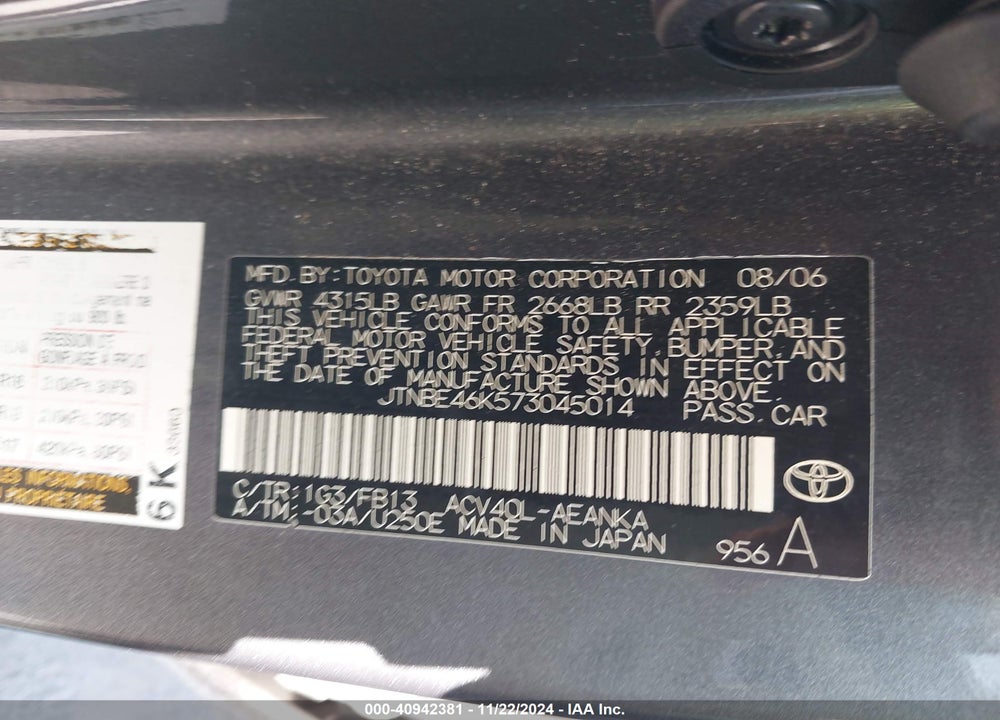2007 TOYOTA CAMRY LE VIN: JTNBE46K573045014