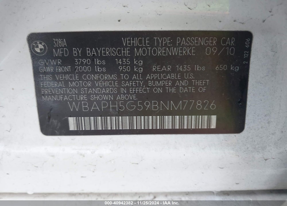 2011 BMW 328I VIN: WBAPH5G59BNM77826